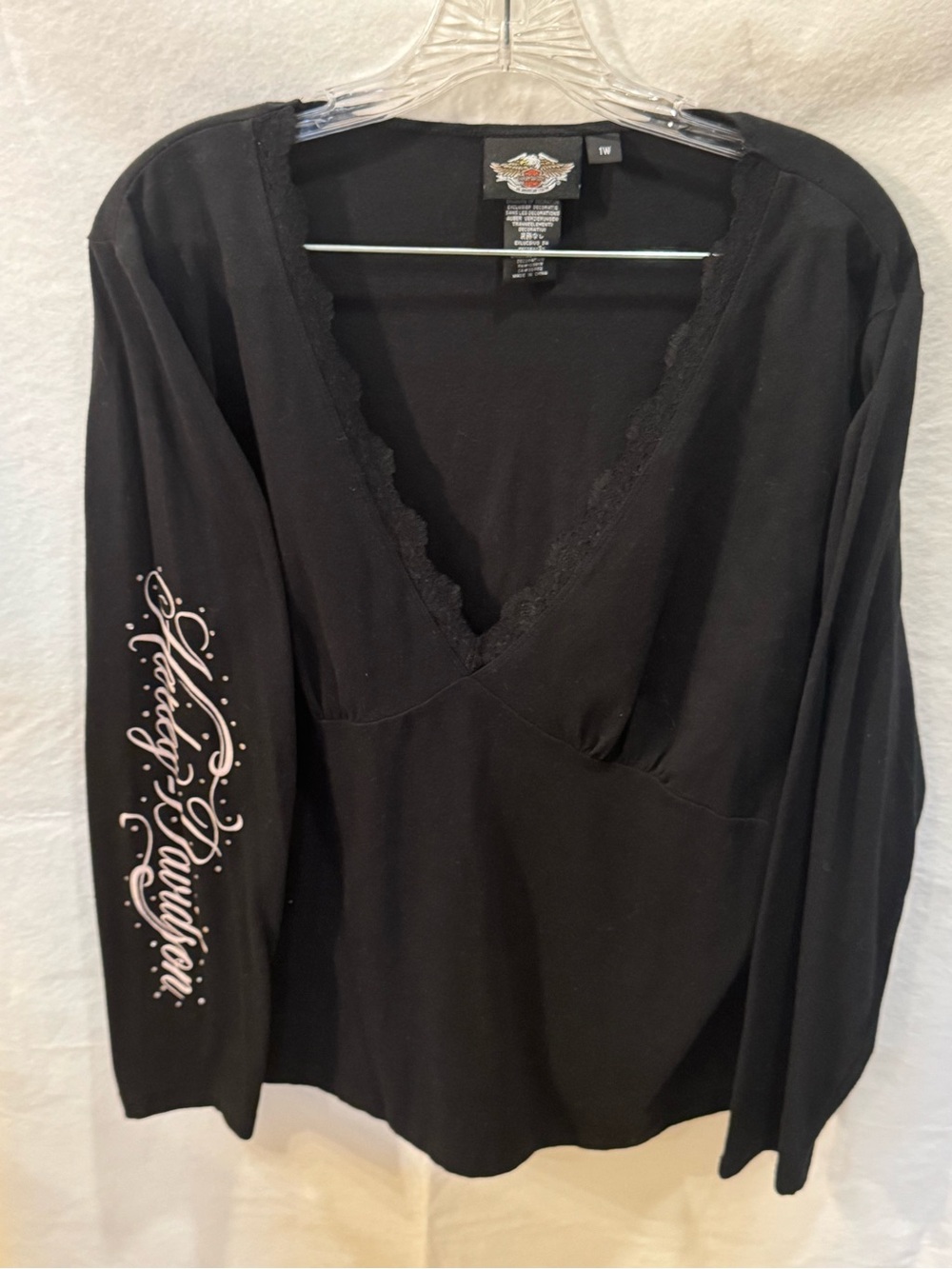 Harley-Davidson Black Long Sleeve V-Neck Top with Script Sleeve